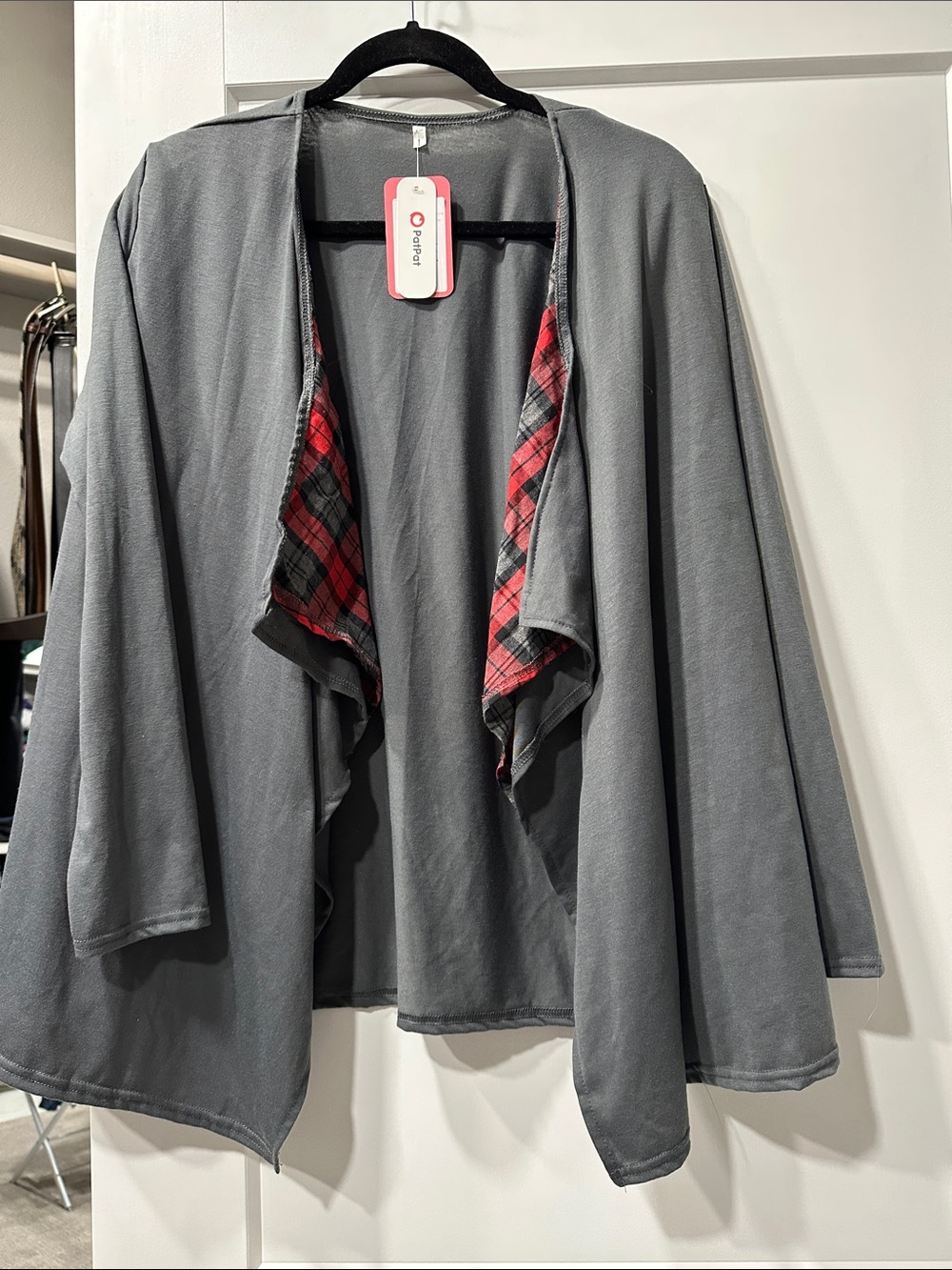 PatPat Gray Draped Open-Front Cardigan with Red Plaid Trim